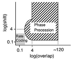 図3：位相歳差(phase precession)をもつ神経回路モデルともたない(rate coding)神経回路モデルでの、時系列貯蔵の能力の比較。