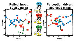 Fig. 3: Multidimensional scaling is used to reduce each trial to a point. The geometry describing the different classes of trials reflects only the physical properties of the stimulus in the early period (left) but by the end of the stimulus presentation (right) the trials corresponding to 26-29 Hz stimulation but erroneous (21 Hz) perception (green) are clustered in between the correctly estimated responses at 21 (blue) and 26-29 Hz (red) 